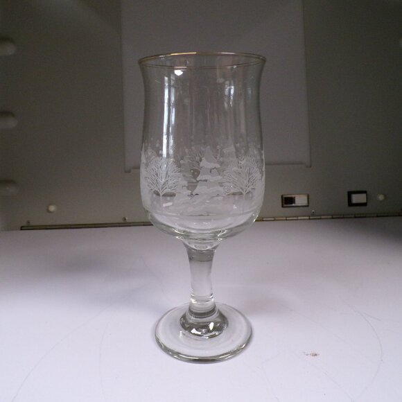 Vintage Libbey Arbys Frosted Winter Tree Scene Water Glass Goblet Gold Rim Wine - Picture 5 of 6